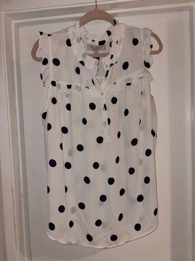 LOFT White Sleeveless Polka Dot Ruffle Neck Shell